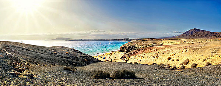 沙滩,岩石,海岸线,青绿色,水,干盐湖,普拉亚布兰卡,兰索罗特岛,加纳利群岛,西班牙,欧洲