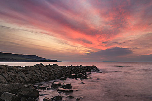 日落,风景,图像,岩石,海岸线,多西特,英格兰