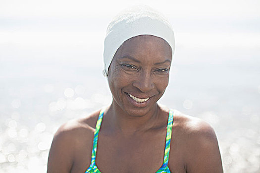 女人,微笑,头像,游泳帽,海滩