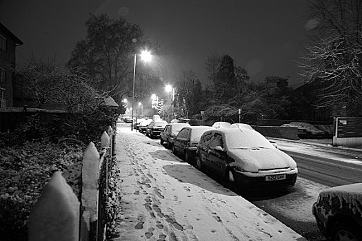 积雪,汽车,停放,道路,伦敦,英格兰