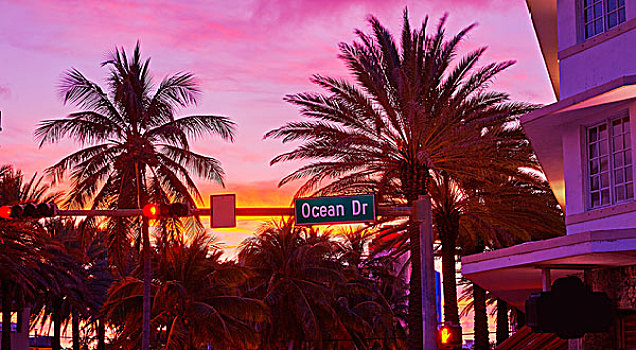 迈阿密海滩,南海滩,日落,海滨大道,标识,佛罗里达