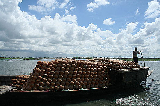 船,装载,陶器,达卡,孟加拉,六月,2007年