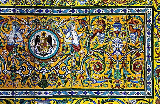 上光瓷砖,彩色,陶瓷,砖瓦,手臂,皇后,卡斯提尔,国王,阿拉贡,格拉纳达省,西班牙,欧洲