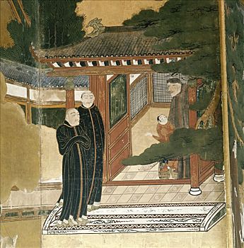 两个,耶稣会,牧师,特写,屏风,日本人,早,17世纪