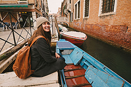 坐,女人,运河,威尼斯,意大利