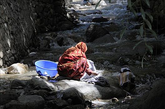 北印度,女人,洗,洗衣服,河,喜马拉雅山