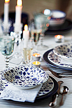 蓝色,白色,桌面布置,茶,清淡,蜡烛
