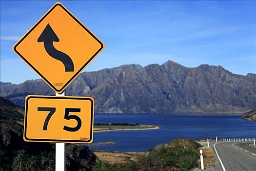 新西兰,西海岸,湖,道路,限速标识,公路,瓦纳卡