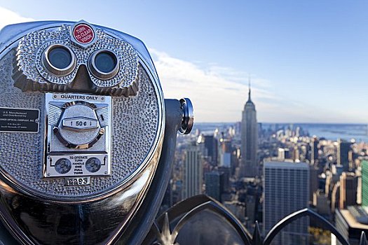 美国,纽约,曼哈顿,投币设备,双筒望远镜,帝国大厦,上面,洛克菲勒中心
