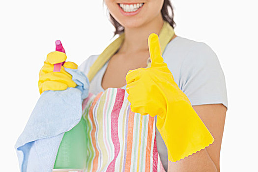 女人,给,竖大拇指,橡胶手套,拿着,清洁产品