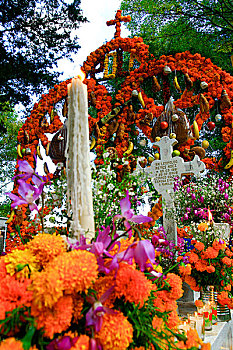 墨西哥,墓地,装饰,无限,蜡烛,花,亲属,亡灵节,庆贺