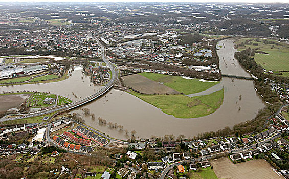 航拍,河,洪水,哈丁跟,区域,北莱茵威斯特伐利亚,德国,欧洲