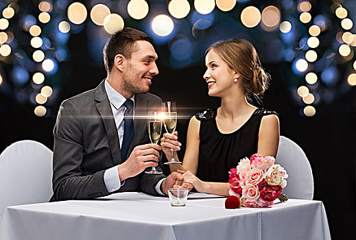 餐馆,情侣,假日,概念,微笑,玻璃,香槟,对视