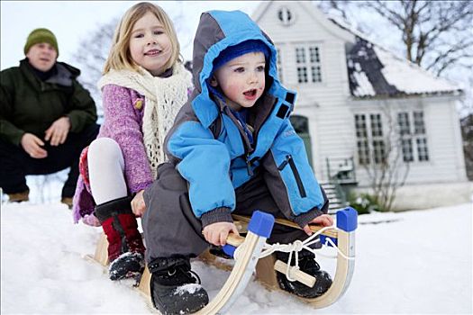 斯堪的纳维亚,孩子,雪撬