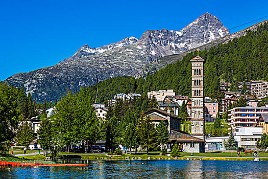 教堂,独特,塔,胜地,城镇,圣莫里茨,阿尔卑斯山,背景,瑞士