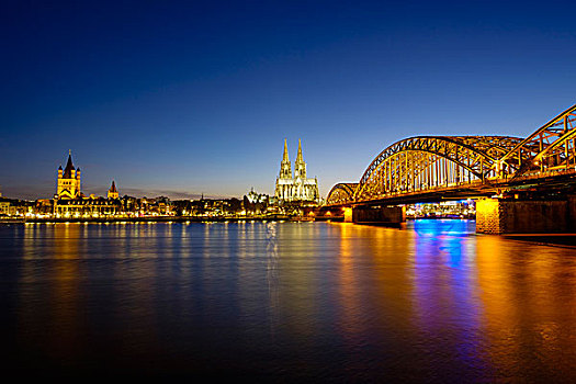 教堂大街,科隆大教堂,霍恩佐伦大桥,上方,莱茵河,黃昏,科隆,北莱茵威斯特伐利亚,德国,欧洲
