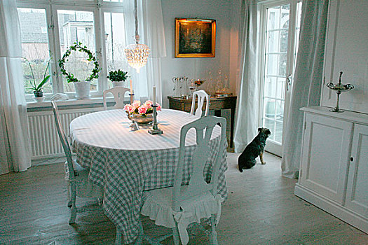 桌子,检查,布,白色,木头,椅子,瑞典,风格,餐厅