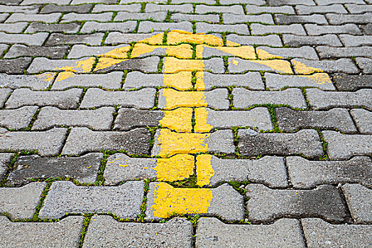 黄色,箭头,涂绘,灰色,鹅卵石,人行道,道路,路标