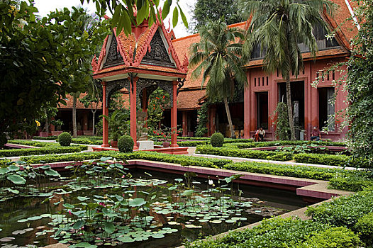 柬埔寨,金边,国家博物馆,内院,花园,水塘