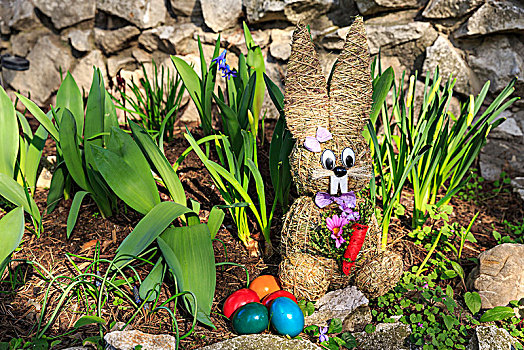 复活节兔子,稻草,彩色,染,复活节彩蛋,花坛