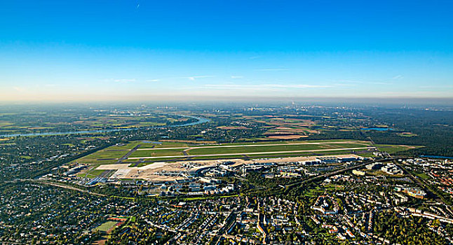 航拍,杜塞尔多夫,机场,国际机场,后面,飞机跑道,莱茵兰,北莱茵威斯特伐利亚,德国,欧洲