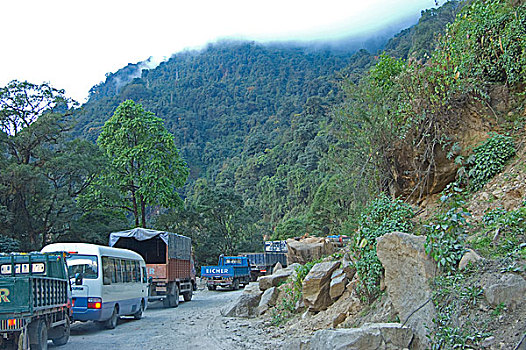 塞车,山,公路,不丹,十一月,2007年