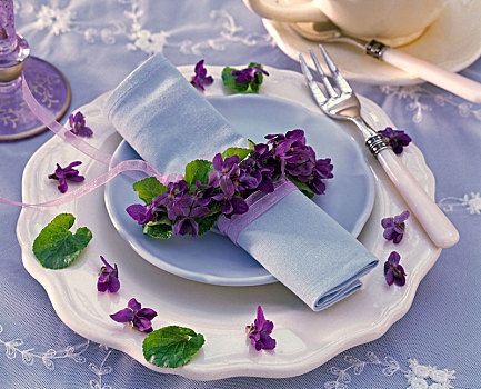 花环,香堇菜,蓝色,餐巾,餐盘,花