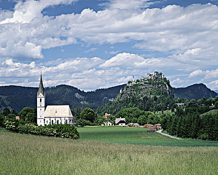 奥地利,卡林西亚,城镇,教堂,城堡,雪,迪斯尼,大幅,尺寸