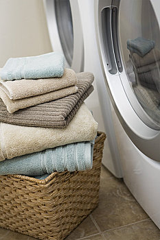 一堆,清洁,毛巾,旁侧,洗衣机,甩干机