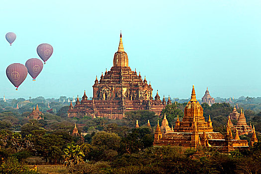 热气球,日落,一个,庙宇,蒲甘,缅甸,亚洲