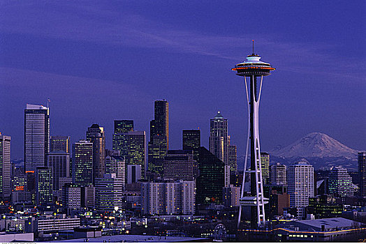 城市天际线,太空针,黄昏,西雅图,华盛顿,美国