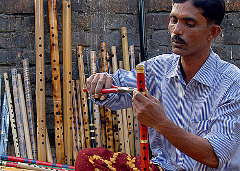 一个,男人,销售,笛子,店,孟加拉,2008年