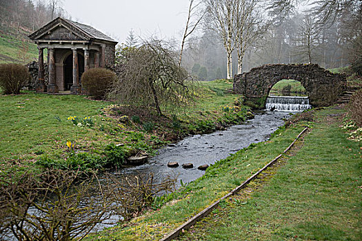 河流,流动,桥,古老,庙宇,花园,德文郡,英格兰
