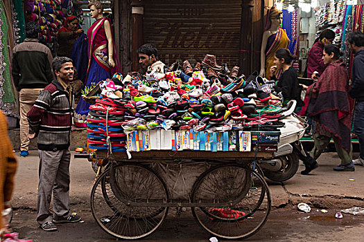 亚洲,印度,新德里,街头摊贩,推,卡,装载,鞋,出售,使用,只有
