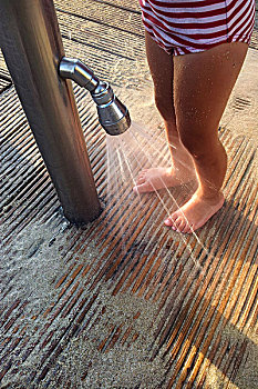 女孩,洗,沙子,脚
