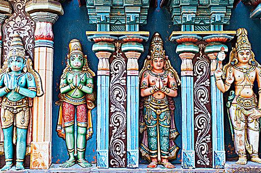 彩色,檐壁,特写,庙宇,泰米尔纳德邦