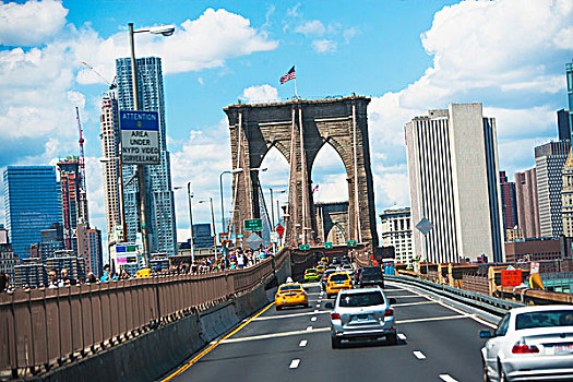 交通,穿过,布鲁克林大桥,曼哈顿,纽约,美国