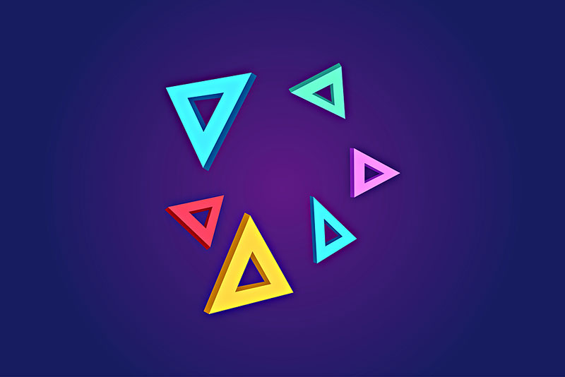 彩色悬浮的三角四面体与彩色碎片组成的多彩背景