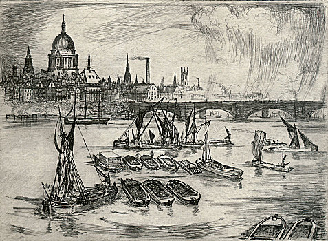 圣保罗大教堂,黑衣修道士桥,船,泰晤士河,伦敦,艺术家
