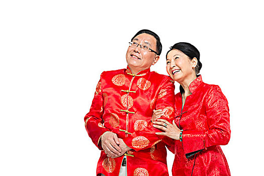 棚拍中國(guó)新年快樂(lè)的唐裝老年夫妻
