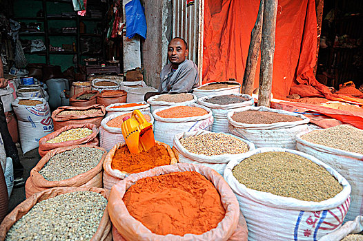 埃塞俄比亚,哈勒尔,一个,男人,姿势,正面,商品,粮食,调味品,市场