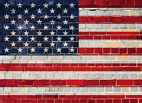 美国国旗,砖墙