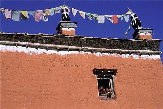 尼泊尔,孩子,僧侣,室外,窗,寺院