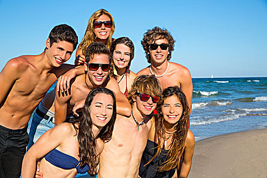 高兴,青少年,年轻,群体,一起,海滩,假期