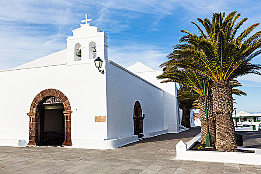 刷白,乡村,教堂,棕榈树,广场,兰索罗特岛,加纳利群岛,西班牙