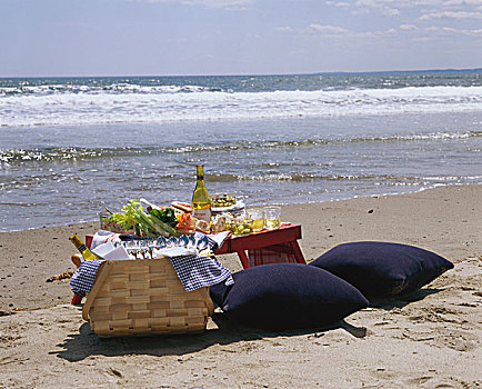 野餐桌,野餐篮,垫子,海滩
