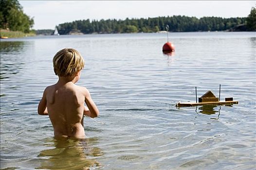 男孩,玩,船,水,瑞典