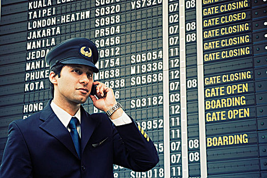 飞行员,交谈,手机,正面,航班时刻,机场