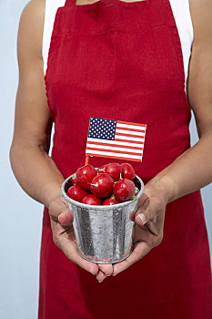 女人,拿着,小,桶,萝卜,美国国旗