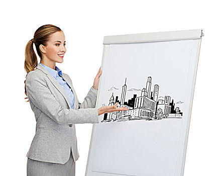 商务,建筑,办公室,概念,微笑,职业女性,站立,靠近,白板,指点,城市,素描